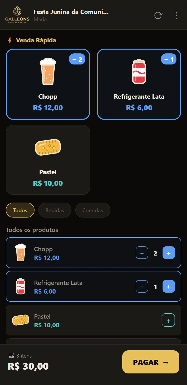 Tela de venda da maquininha