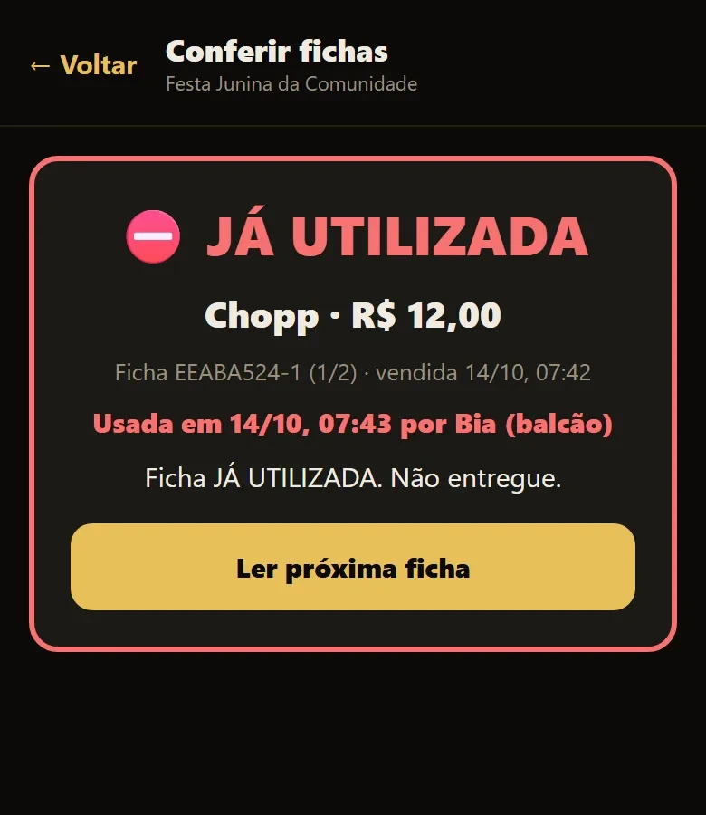 Conferência: ficha já utilizada