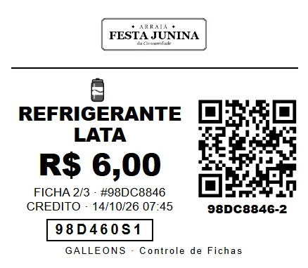 Ficha impressa com logo da festa, produto, valor e QR Code